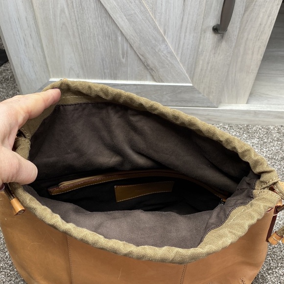 Calvin Klein Tan Leather Saddlebag Canvas Drawstring Woven Handled Bag Rare - Picture 9 of 11